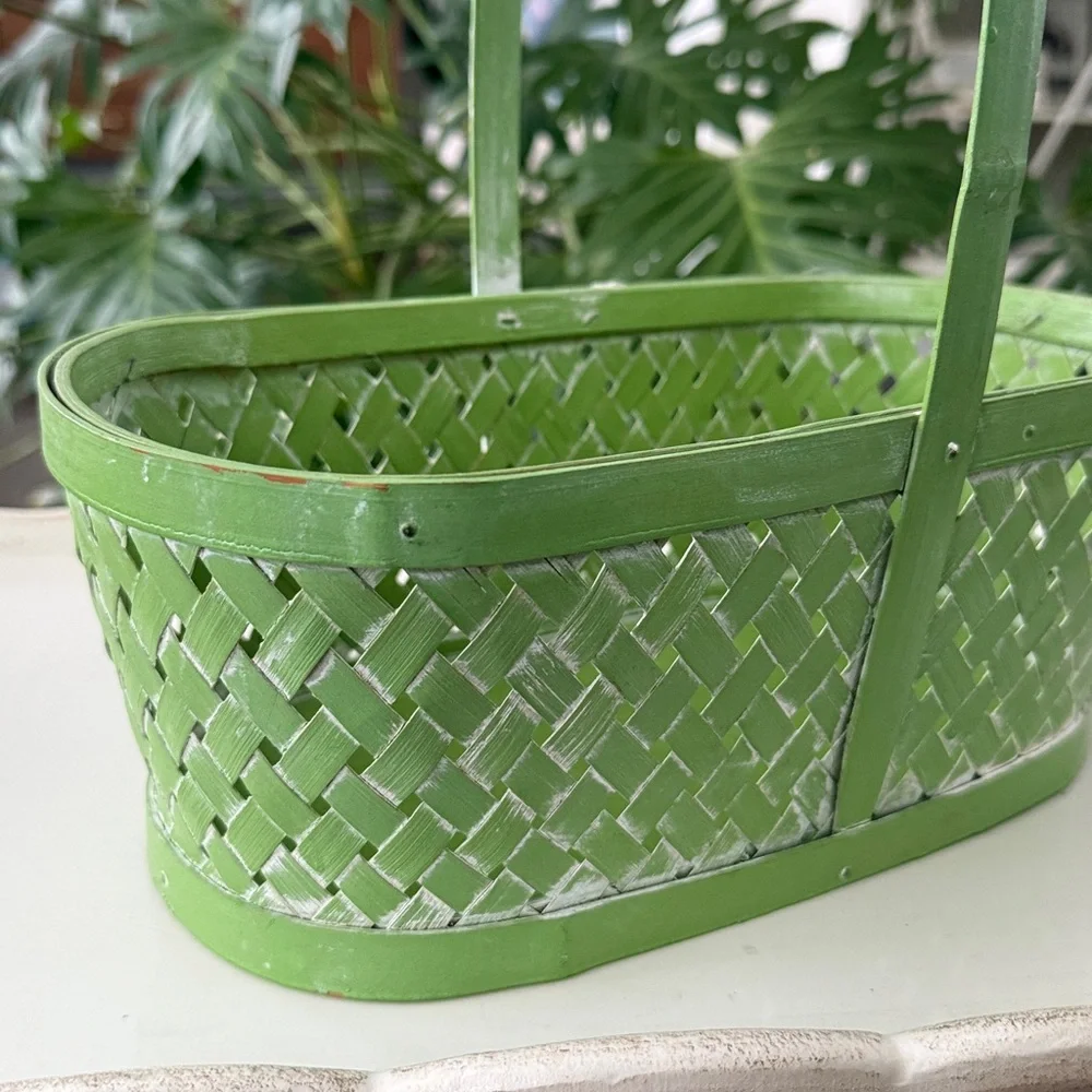 Vintage Burton & Burton Handpainted Green Oval Woven Basket with Handle